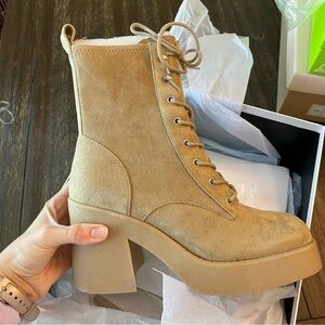 New Steven New York by Steve Madden Faux Suede Beena Heeled Combat Boot in Sand